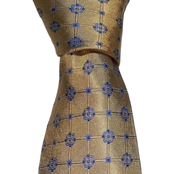 Pronto Uomo Silk Necktie Mens Gold Baby Blue Geometric Designer Tie EUC - Picture 1 of 3